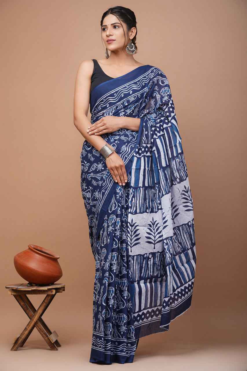 Tribal Trails Bagru Ink Mulmul Cotton Saree