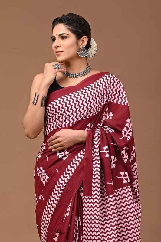 Wine Echo Mulmul Cotton Saree