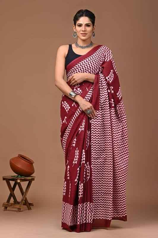 Wine Echo Mulmul Cotton Saree