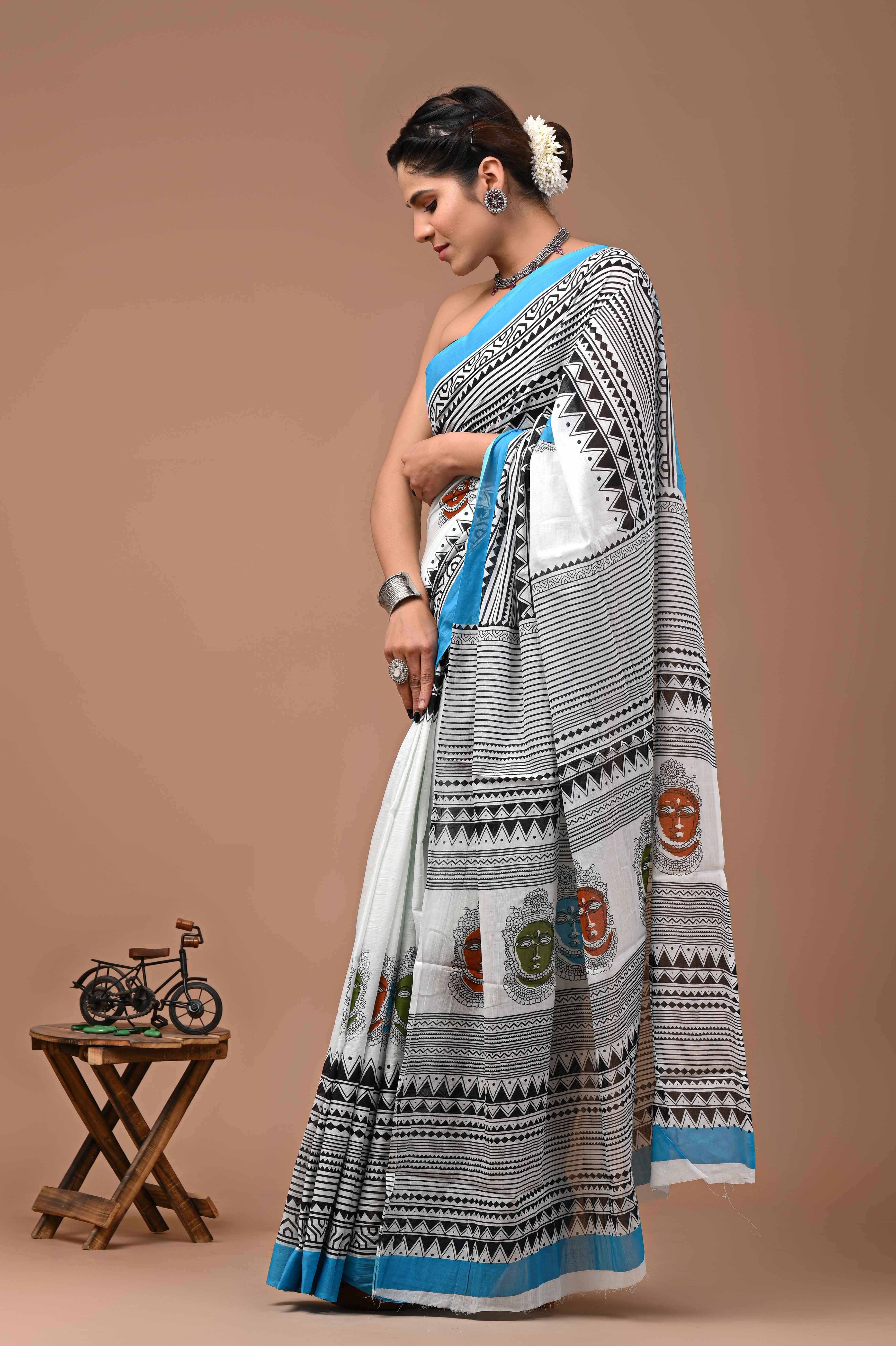 Zen Sutra Buddha Print Mulmul Cotton Saree
